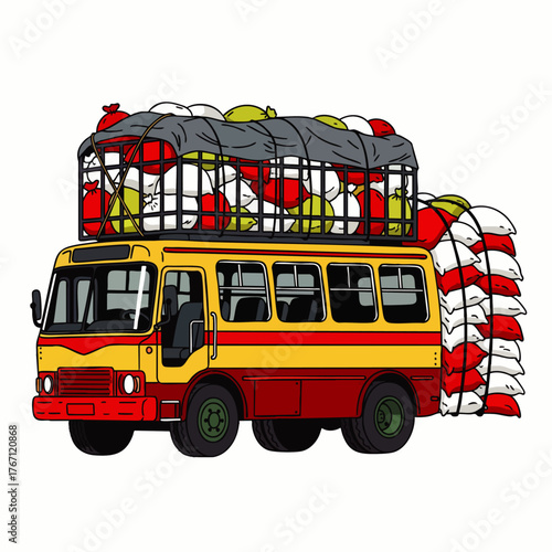 A vibrant illustration captures a yellow and red bus overloaded with pillows, suggesting travel and transportation with a unique style.