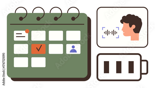 Green calendar with events, face profile recognition with sound waves, and battery life indicator. Ideal for time management, productivity, AI interaction, modern technology, planning, scheduling