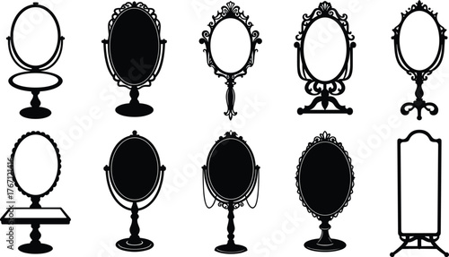 Vintage mirror silhouette vector set, antique oval frame design, decorative vanity mirror illustration, classic furniture art, elegant home decor collection
