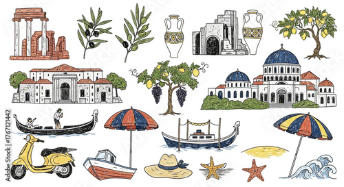 Vacation and travel icons Greek architecture, transportation, and beach elements for summer holiday designs