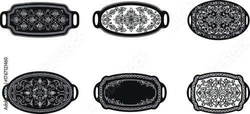 Vintage ornate oval serving tray silhouette collection, decorative antique platter vector set, elegant floral metal tray design illustration