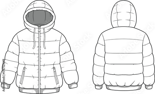 Winter puffer jacket flat sketch, hooded coat technical drawing, fashion design vector, warm outerwear illustration front and back view template