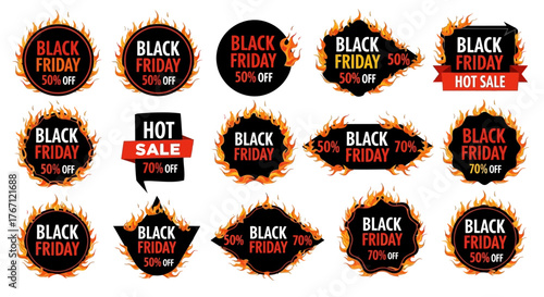 Set of burning Black Friday and hot sale promotional badges for big discount offers and marketing campaigns