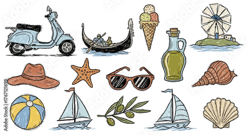 Summer Travel Collection Scooter, Gondola, Ice Cream, and Seaside Illustrations