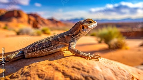 Desert Lizard Resting on Rock in Arid Landscape