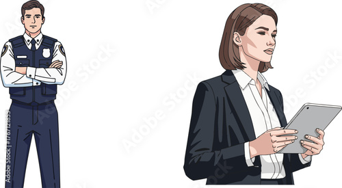 Clean Vector Illustration: Professional Man in Uniform, Woman with Tablet