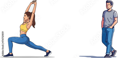 Flat Design of Active Woman and Relaxed Man on White Background
