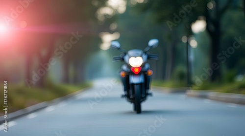Motorcycle on Road with Blurred Bokeh Effect and Soft Gentle Lighting