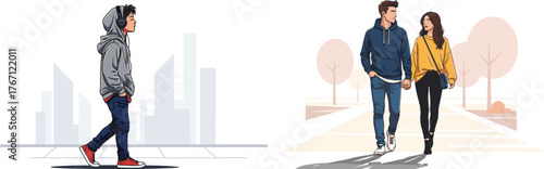 Flat vector illustration showing young people walking in city and park