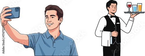 Flat Vector Illustration of Man Taking Selfie and Waiter Serving Drinks