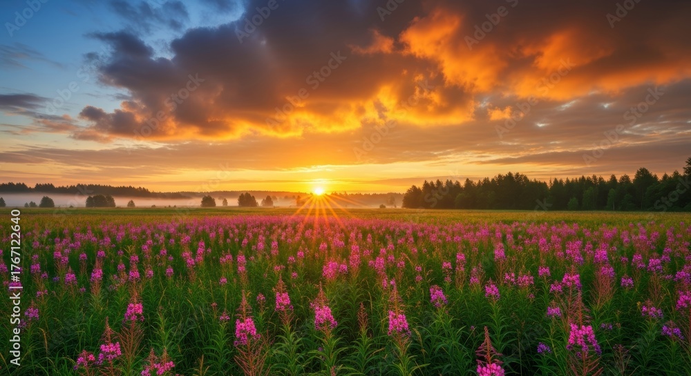 Obraz premium Stunning sunset over vibrant pink wildflower field under dramatic sky