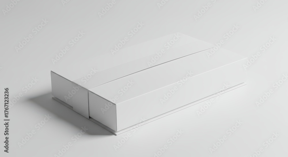 Fototapeta premium Minimalist rectangular package slides partially open on a clean white surface