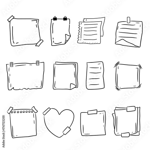 Memo sticky note reminder sheet paper. Doodle paper frame, check list with pin, tape, paperclip elements. Set cute notes, office or school messages. Notebook bullet dairy list, funny retro drawing.