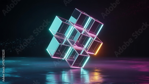3D abstract digital art, floating neon glass cubes, blue-pink-orange gradient, cyber-tech style, sharp reflections, futuristic depth