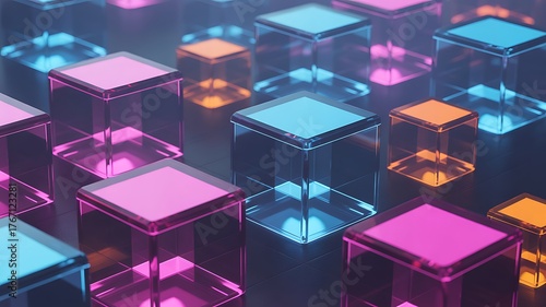 3D abstract digital art, floating neon glass cubes, blue-pink-orange gradient, cyber-tech style, sharp reflections, futuristic depth