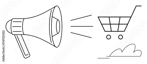 Megaphone projecting towards a shopping cart, symbolizing advertising, promotion, and e-commerce. Ideal for marketing, communication, online shopping, sales strategy, customer engagement branding