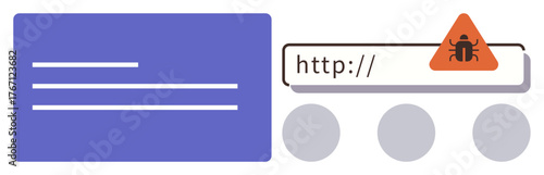 Web address bar with a malware warning icon, purple text area. Ideal for cybersecurity, malware, phishing, online protection, data security, computer safety threat detection. Simple flat metaphor