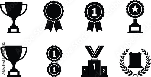 Award, trophy, medal, badge, victory, championship, competition, achievement, recognition, success, winner, podium, and celebration icons collection vector illustration