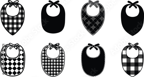 Baby bibs vector illustration, black and white silhouette, cute newborn feeding accessory, plaid and checkered fabric design, infant clothing set