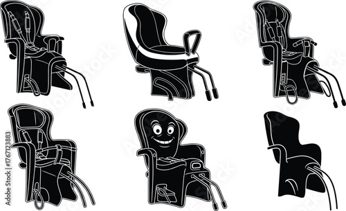 Baby bike seat vector, child bicycle safety seat design, toddler carrier illustration, cycling accessory collection, black silhouette children seat set