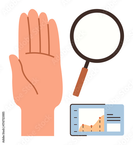 Open palm, magnifying glass, and growth chart represent analysis, transparency, inspection, and progress. Ideal for concepts thumbs up data-driven decisions, scrutiny, analytics communication