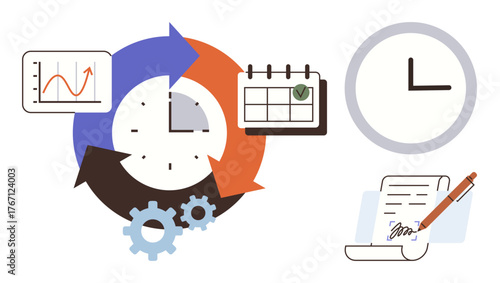 Gears, clock, arrows, analytics chart, calendar, and signed document depict collaboration, efficiency, and goal tracking. Ideal for planning productivity deadlines teamwork workflow process