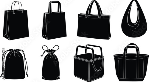 Bag silhouettes collection, shopping tote, handbag shapes, hobo pouch, drawstring styles, cooler bag, fashion accessories, retail icons, isolated design