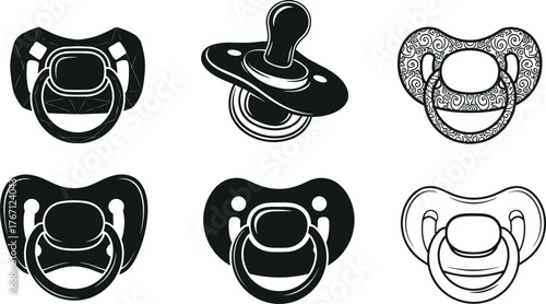 Baby pacifier and soother silhouette collection, newborn nipple design set, black white vector illustration for baby care accessories