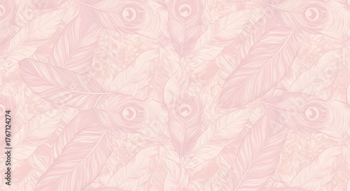 Seamless Pink Peacock Feather Pattern - Delicate Floral Background