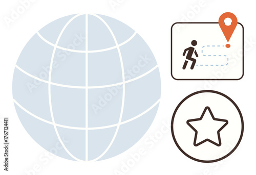 World grid sphere, route map with person moving to location, orange marker, and star badge. Ideal for travel, geolocation, exploration, navigation trekking achievement and motivation. A simple