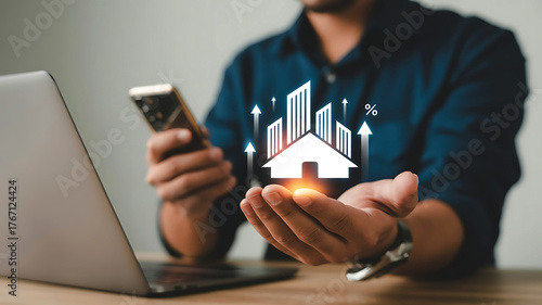 Real estate investment analysis with digital technology showing property growth and financial success for modern investors on the laptop