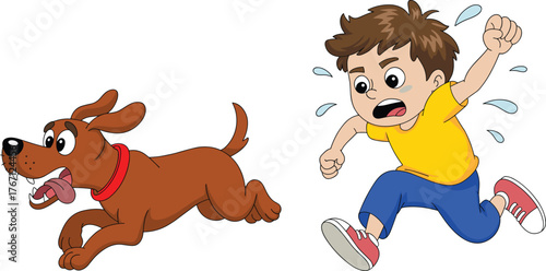 Cartoon boy running scared, chased by angry dog, dynamic action scene, expressive characters, vector illustration, humor, emotion, storytelling, panic moment