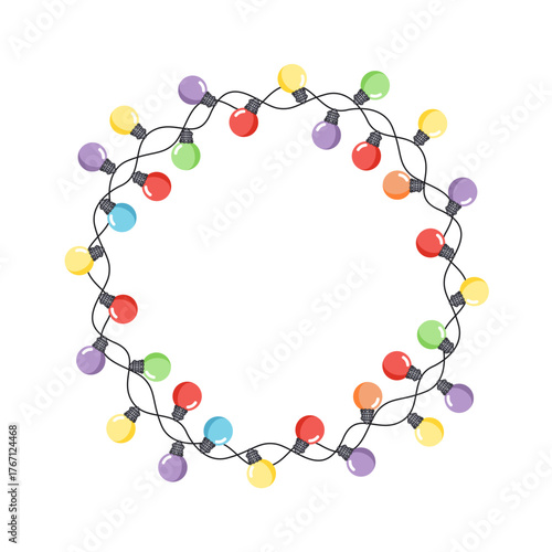 Bożonarodzeniowa ramka z kolorowych światełek. Lampki choinkowe. Dekoracja z okrągłych żaróweczek.