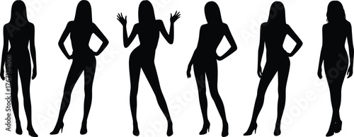 Female silhouette poses, black fashion figures, standing woman shapes, high heel posture, vector illustration, minimal design, elegance, beauty, modeling concept