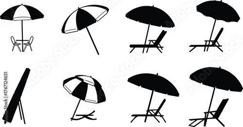 Beach umbrella silhouettes, patio lounge icons, summer relaxation symbols, black and white vector set, outdoor furniture design elements, vacation theme