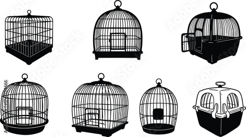Bird cage vector set, pet carrier, round and square cage designs, parrot housing, animal shelter, wire mesh, black silhouette illustration.