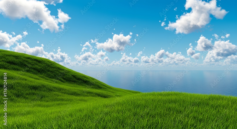 Obraz premium Lush Green Hillside Meets Calm Blue Ocean Under a Cloudy Sky