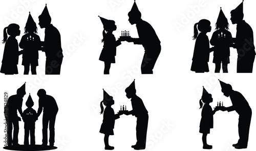 Birthday celebration silhouettes, family and children wearing party hats, blowing candles on cake, joyful festive moment, happy family event, childhood memories