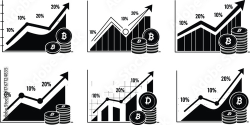 Bitcoin growth chart illustration, cryptocurrency investment profit increase, blockchain finance analytics, rising graph with percentages and stacked coin vector design