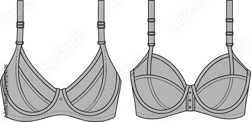 CAD drawing flat vector illustration, technical bra sketch, lingerie blueprint, undergarment design, fashion construction detail, garment structure line art