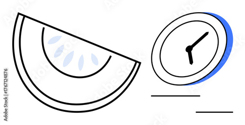 Abstract clock next to a citrus fruit slice, evoking themes of balance, healthy lifestyle, and time management. Ideal for productivity, wellness, routines, nutrition, balance self-care