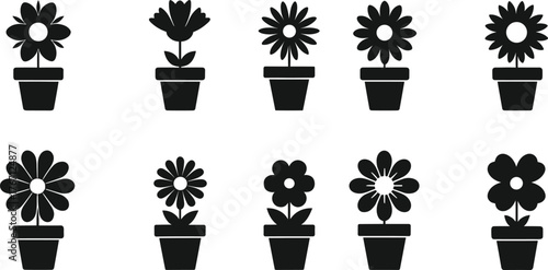 Black and white flower pot icons, minimalist floral silhouette collection, decorative plant symbols, gardening vector design for home decor illustrations
