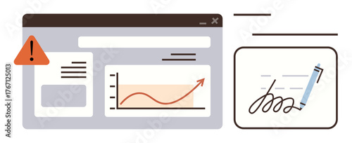 Dashboard shows growth chart, error alert, and digital signature interface. Ideal for analytics, data management, business alerts, technology, digital operations, decision-making simple flat