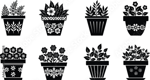 Black and white flower pot silhouettes, decorative plant pots, floral design collection, gardening icons, minimalist home decor vector illustration