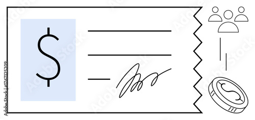 Payment document featuring dollar sign and signature, linked to coin and group of people. Ideal for finance, banking, salary, business payment, payroll, transactions, and flat metaphor