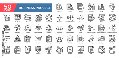 Business Project collection set. Analysis, Validation ,Investment, Budget, Teamwork, Management, Process, Employee, icon. Simple Outline vector illustrati