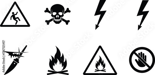 Black and white safety hazard symbols, workplace warning icons, fire, electrical, toxic, sharp object, slippery surface, do not touch