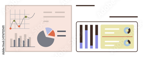 Graphs, pie chart, bar charts, and statistical data visualizations presenting trends and analysis. Ideal for business, finance, education, research strategy technology data science. A flat simple