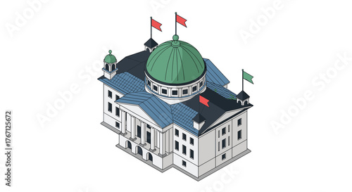 Isometric capitol building illustration with flags flying in the wind, perfect for civic projects and government related designs