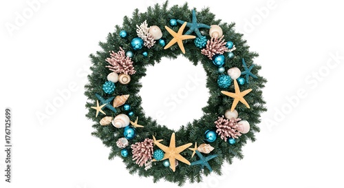 A christmas wreath decorated with starfish, seashells, coral and blue ornaments on a white background